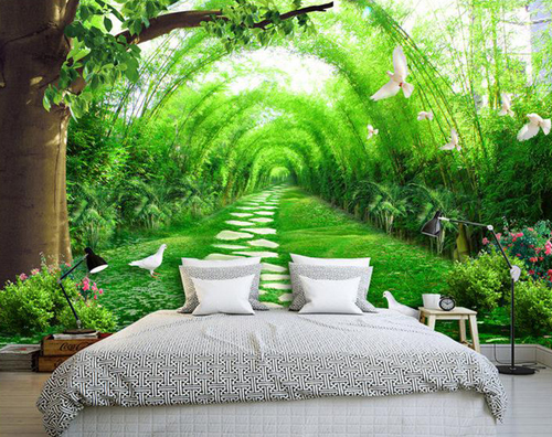   Những vòm cây xanh mướt giúp cho phòng ngủ có chiều sâu hơn.  
